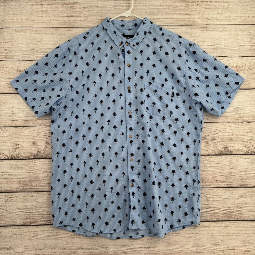 Molokai Surf Co. Button Down Mens XXL Light Blue Seersucker Palm Tree Shirt
